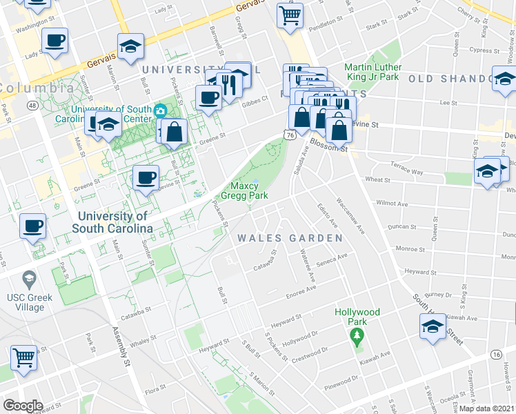 map of restaurants, bars, coffee shops, grocery stores, and more near 1711 Wheat Street in Columbia