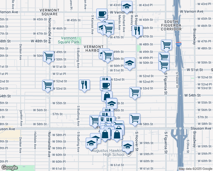 map of restaurants, bars, coffee shops, grocery stores, and more near 5219 Vermont Avenue in Los Angeles