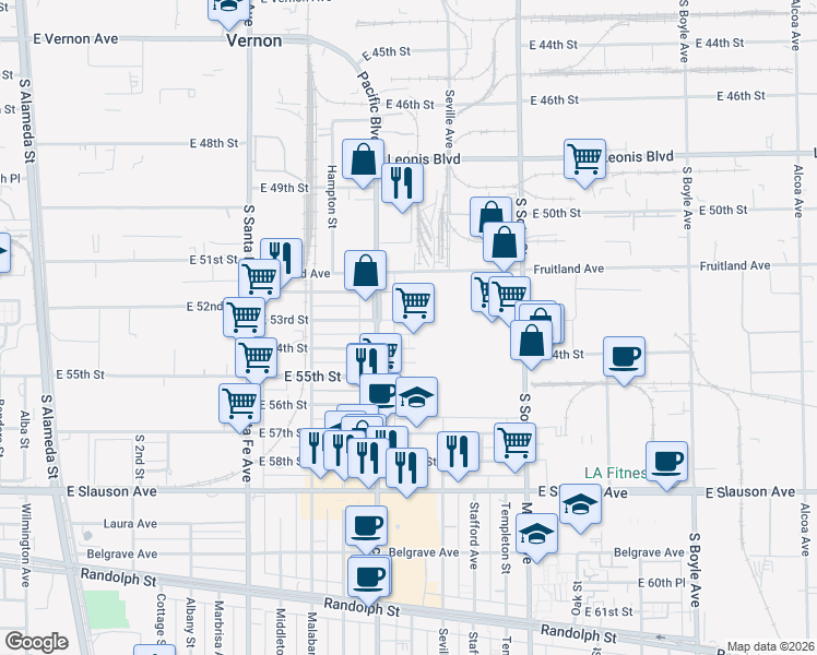 map of restaurants, bars, coffee shops, grocery stores, and more near 2632 East 53rd Street in Huntington Park
