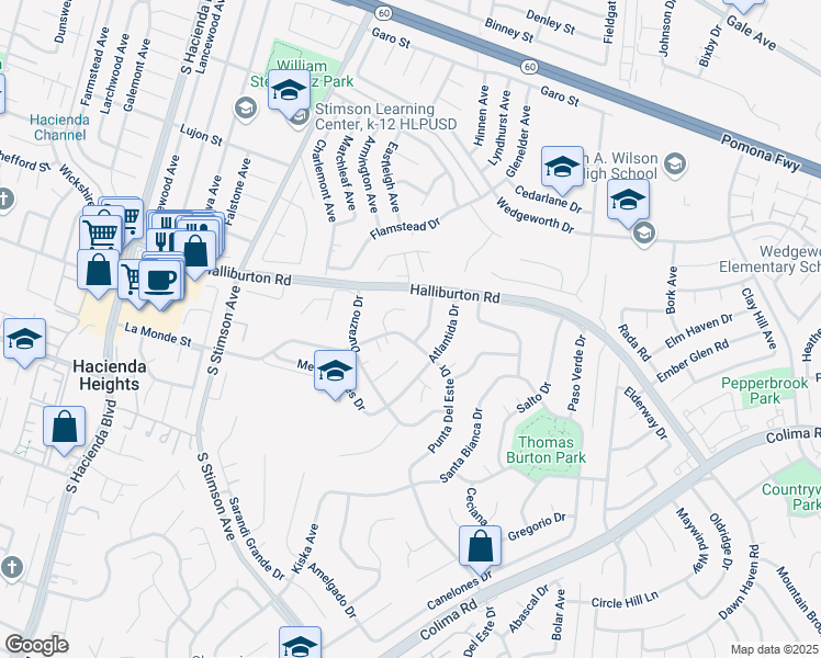 map of restaurants, bars, coffee shops, grocery stores, and more near 16191 La Monde Street in Hacienda Heights