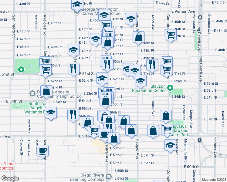 map of restaurants, bars, coffee shops, grocery stores, and more near 1132 East 53rd Street in Los Angeles