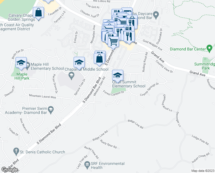 map of restaurants, bars, coffee shops, grocery stores, and more near 23226 Ironhorse Canyon Road in Diamond Bar