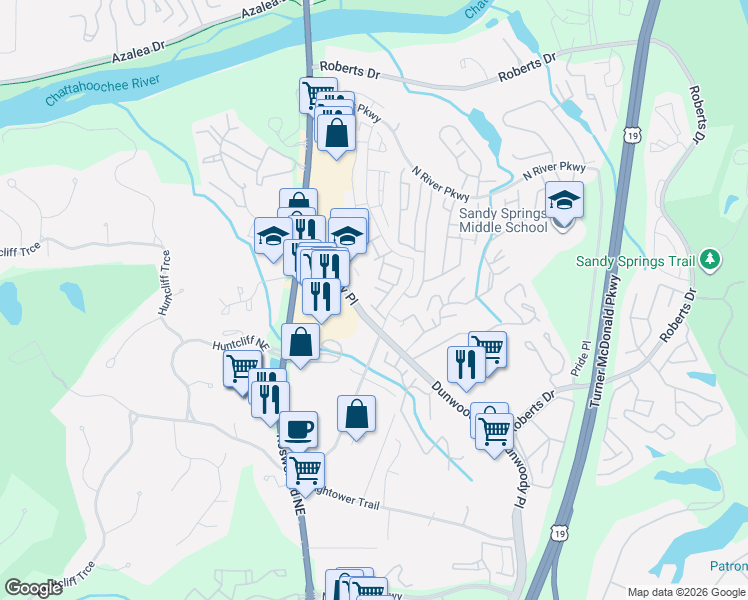 map of restaurants, bars, coffee shops, grocery stores, and more near 125 North River Drive in Sandy Springs