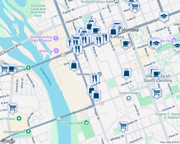 map of restaurants, bars, coffee shops, grocery stores, and more near 915 Pulaski Street in Columbia