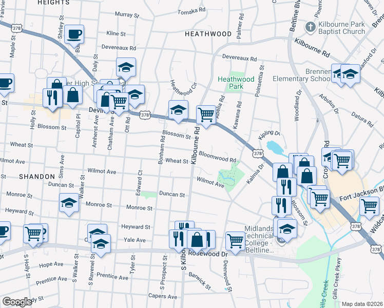 map of restaurants, bars, coffee shops, grocery stores, and more near 511 Kilbourne Road in Columbia
