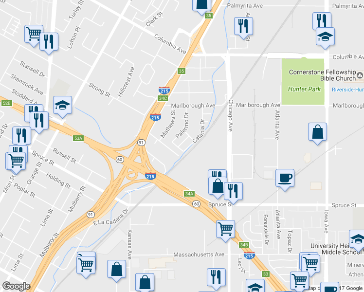 map of restaurants, bars, coffee shops, grocery stores, and more near 1788 Agrigento Avenue in Riverside