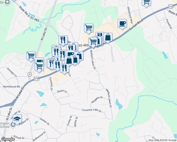 map of restaurants, bars, coffee shops, grocery stores, and more near 124 West Sparrowood Run in Lexington