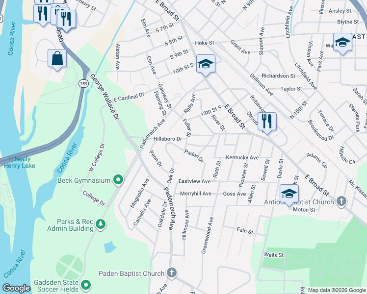 map of restaurants, bars, coffee shops, grocery stores, and more near 3205 Paden Drive in Gadsden