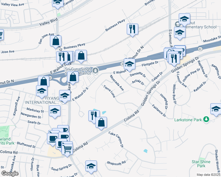 map of restaurants, bars, coffee shops, grocery stores, and more near 1088 Tierra Luna in Walnut