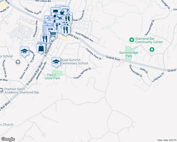 map of restaurants, bars, coffee shops, grocery stores, and more near 23520 Coyote Springs Drive in Diamond Bar