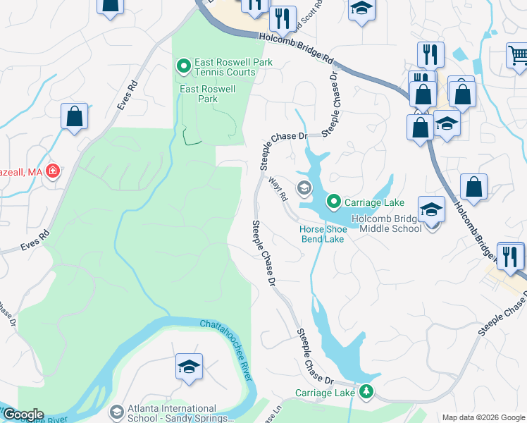 map of restaurants, bars, coffee shops, grocery stores, and more near 8845 Steeple Chase Drive in Roswell