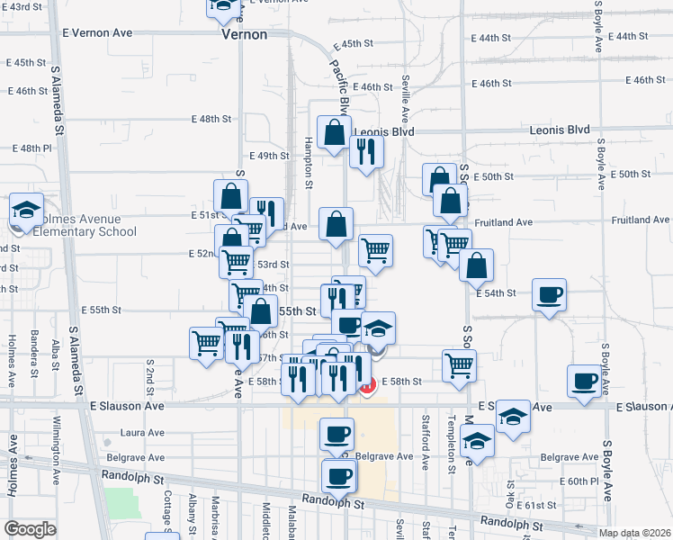 map of restaurants, bars, coffee shops, grocery stores, and more near 5301 Pacific Boulevard in Huntington Park