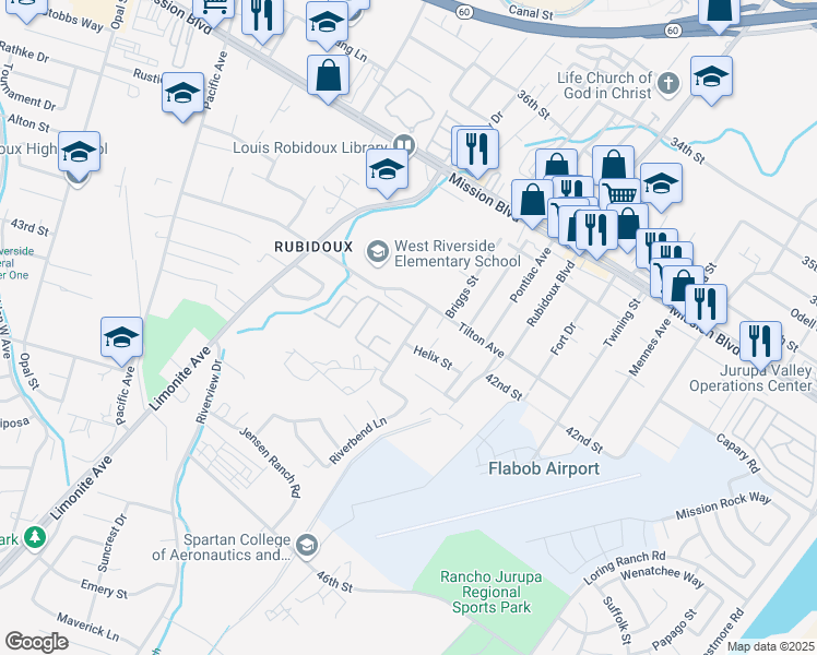 map of restaurants, bars, coffee shops, grocery stores, and more near 5746 Sky Meadow Street in Riverside