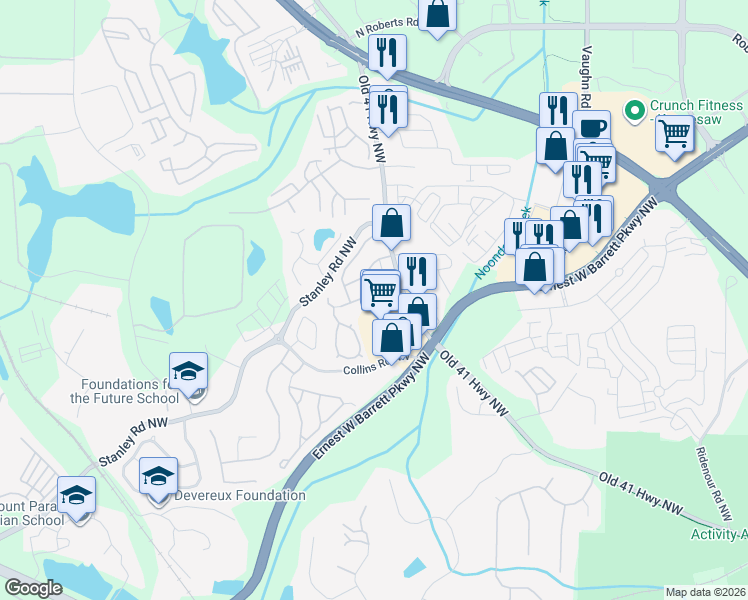 map of restaurants, bars, coffee shops, grocery stores, and more near 1633 Heyford Circle Northwest in Kennesaw