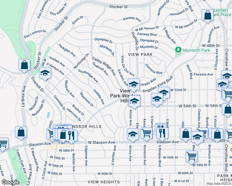map of restaurants, bars, coffee shops, grocery stores, and more near 5248 Parkglen Avenue in View Park-Windsor Hills