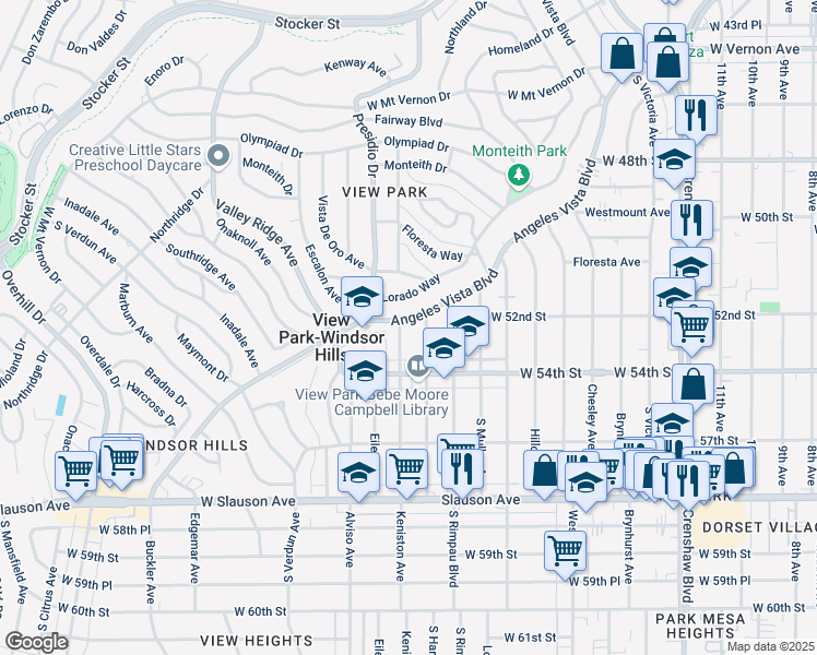 map of restaurants, bars, coffee shops, grocery stores, and more near 5218 Angeles Vista Boulevard in View Park-Windsor Hills