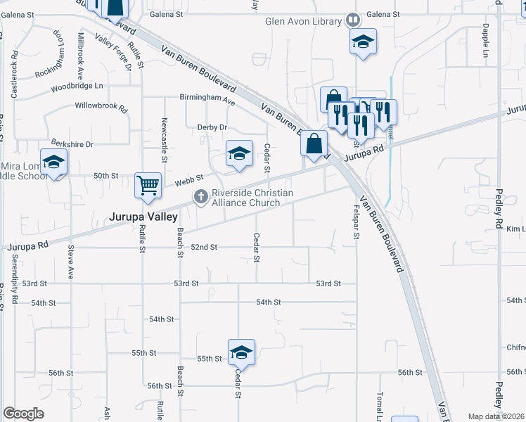 map of restaurants, bars, coffee shops, grocery stores, and more near 9455 51st Street in Riverside