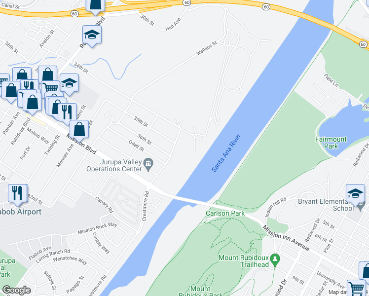 map of restaurants, bars, coffee shops, grocery stores, and more near 3520 Crestmore Road in Riverside