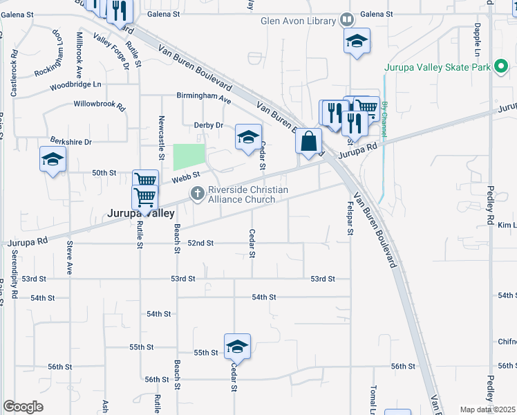 map of restaurants, bars, coffee shops, grocery stores, and more near 9600 51st Street in Riverside