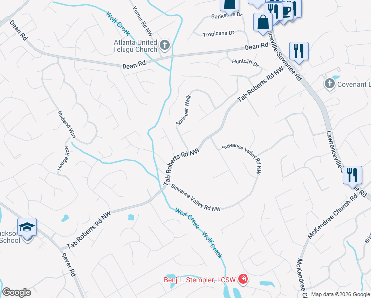 map of restaurants, bars, coffee shops, grocery stores, and more near 2315 Springer Walk in Lawrenceville