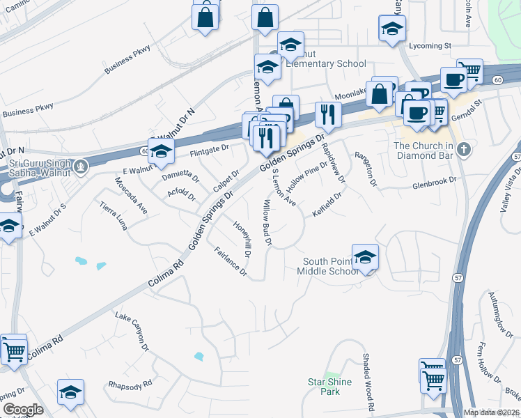 map of restaurants, bars, coffee shops, grocery stores, and more near 1347 Willowbud Drive in Walnut
