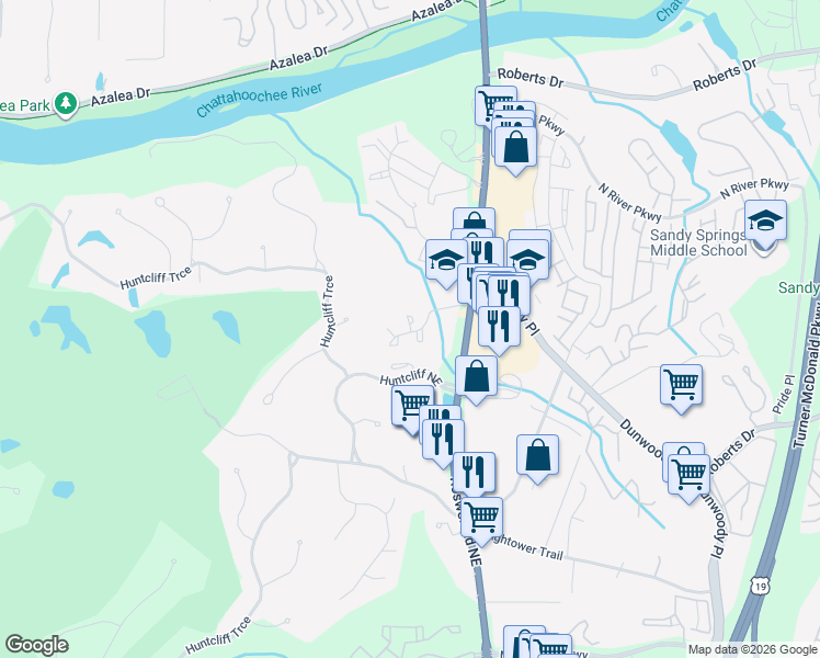map of restaurants, bars, coffee shops, grocery stores, and more near 8740 Roswell Road in Sandy Springs