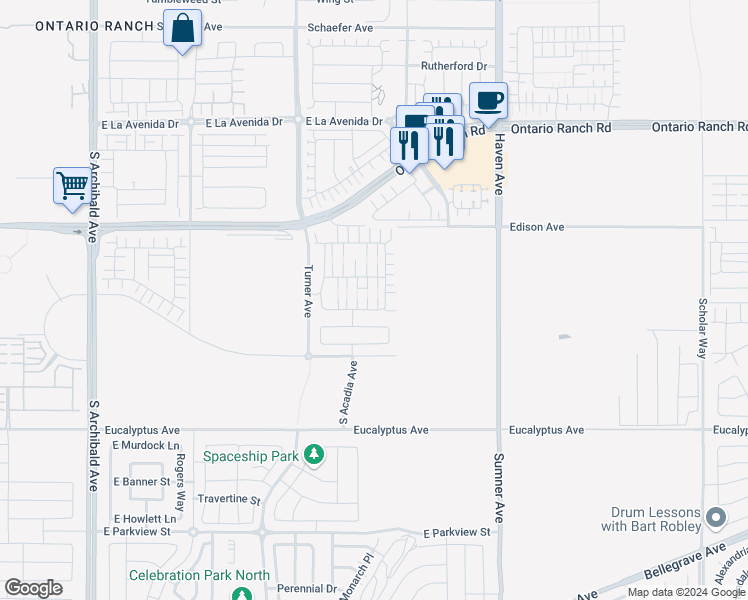 map of restaurants, bars, coffee shops, grocery stores, and more near 3245 East Yellowstone Drive in Ontario