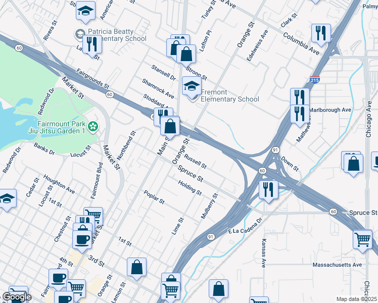 map of restaurants, bars, coffee shops, grocery stores, and more near 3515 Russell Street in Riverside