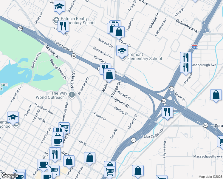map of restaurants, bars, coffee shops, grocery stores, and more near 3614 Russell Street in Riverside