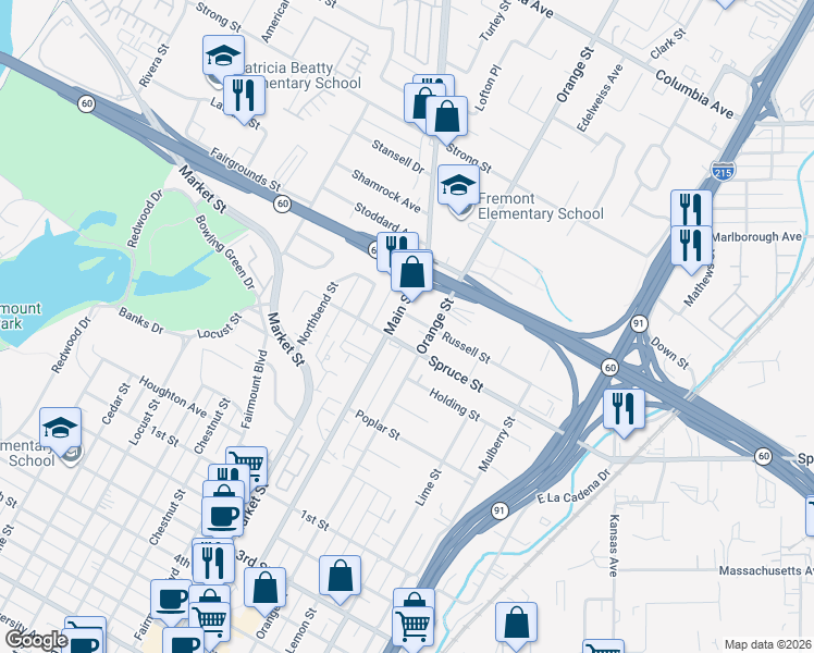 map of restaurants, bars, coffee shops, grocery stores, and more near 2395 Main Street in Riverside