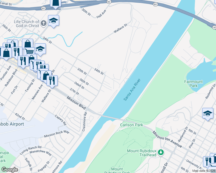 map of restaurants, bars, coffee shops, grocery stores, and more near 3520 Crestmore Road in Riverside