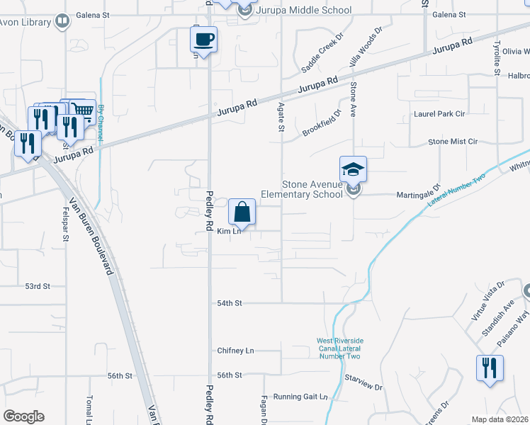 map of restaurants, bars, coffee shops, grocery stores, and more near 8668 Terrie Terrace in Riverside