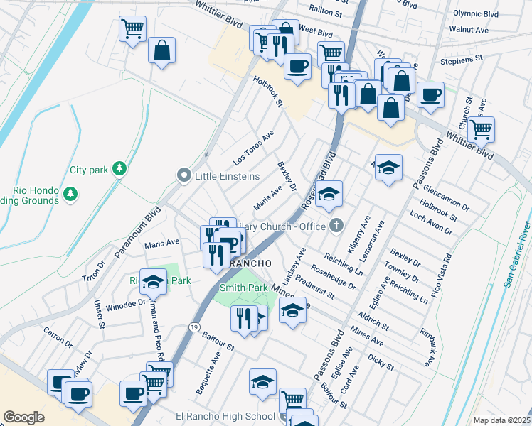 map of restaurants, bars, coffee shops, grocery stores, and more near 5630 Maris Avenue in Pico Rivera