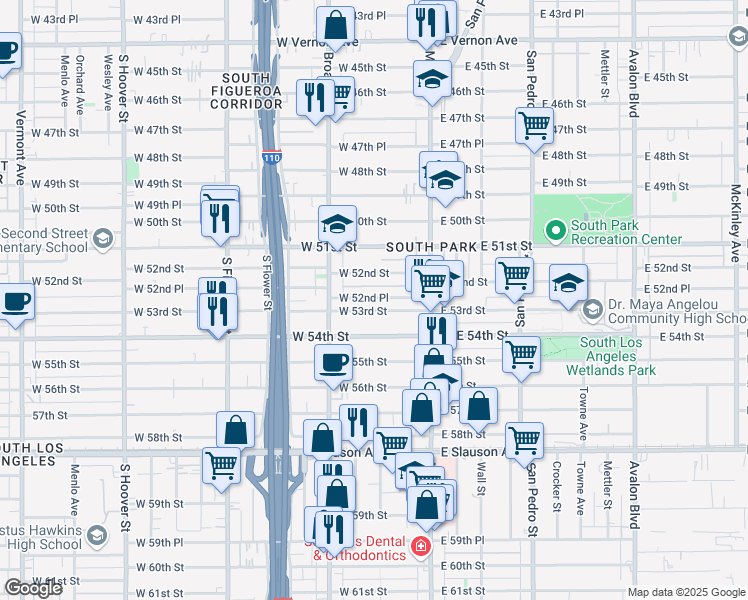 map of restaurants, bars, coffee shops, grocery stores, and more near 210 West 52nd Place in Los Angeles