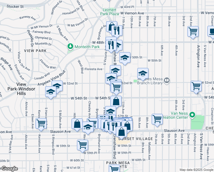 map of restaurants, bars, coffee shops, grocery stores, and more near 5308 South Victoria Avenue in Los Angeles