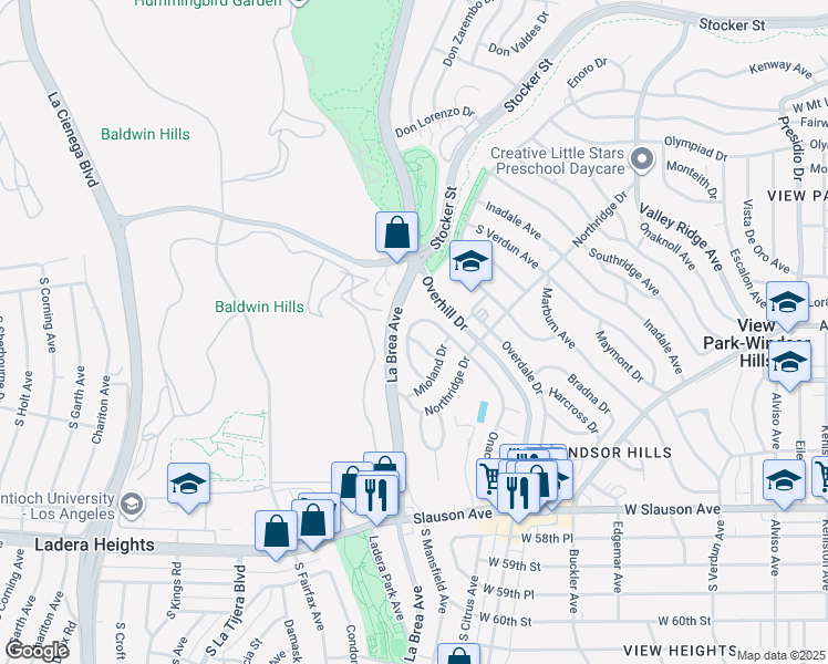 map of restaurants, bars, coffee shops, grocery stores, and more near 5112 Dawn View Place in View Park-Windsor Hills