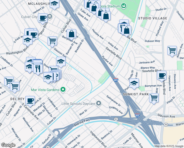 map of restaurants, bars, coffee shops, grocery stores, and more near 4941 South Slauson Avenue in Culver City