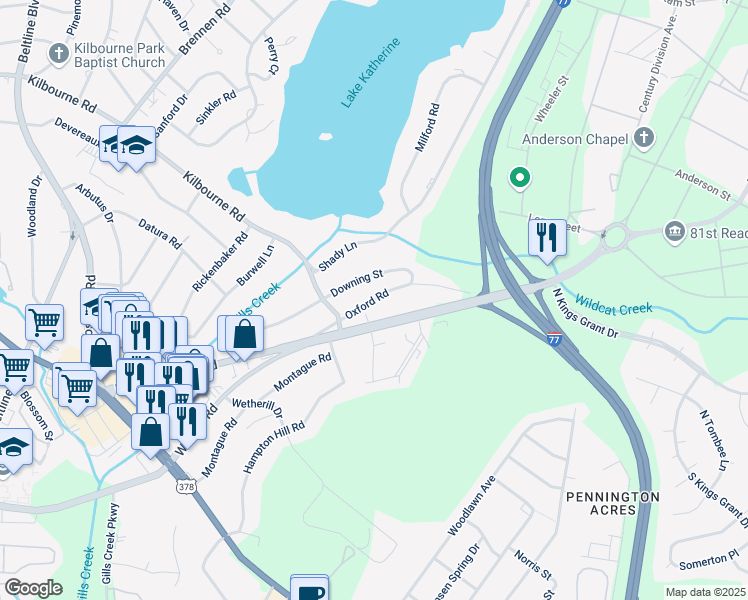 map of restaurants, bars, coffee shops, grocery stores, and more near 4632 Oxford Road in Columbia