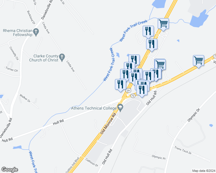 map of restaurants, bars, coffee shops, grocery stores, and more near 469 Hull Road in Athens