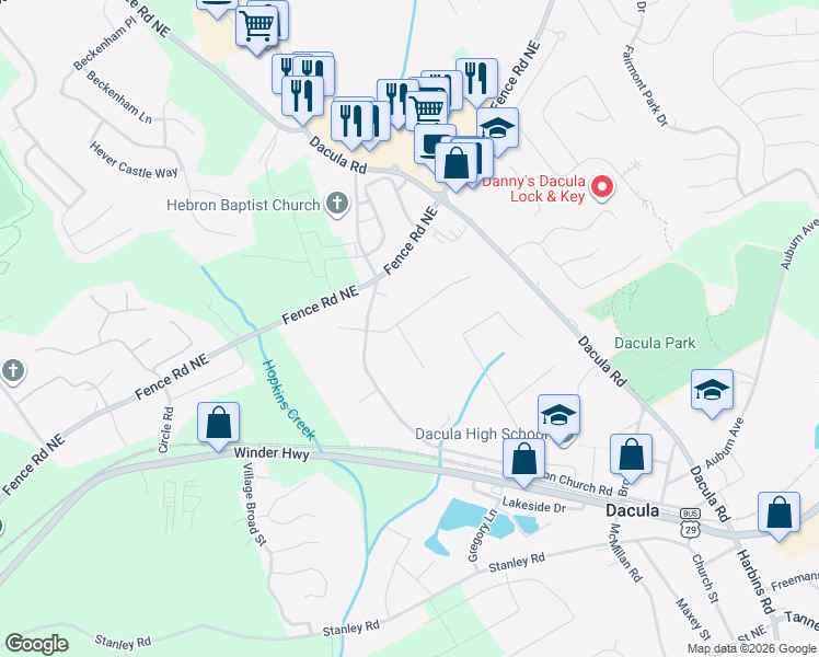 map of restaurants, bars, coffee shops, grocery stores, and more near 2395 Hinton Road in Dacula
