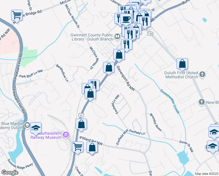 map of restaurants, bars, coffee shops, grocery stores, and more near 3330 Pickens Street in Duluth