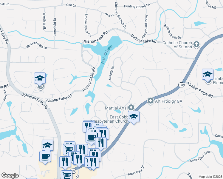 map of restaurants, bars, coffee shops, grocery stores, and more near 1865 Whitmire Place in Marietta