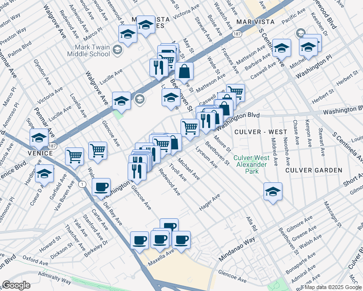 map of restaurants, bars, coffee shops, grocery stores, and more near 13001 Washington Boulevard in Los Angeles