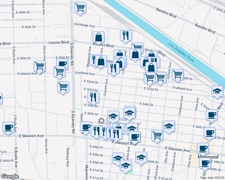 map of restaurants, bars, coffee shops, grocery stores, and more near 3643 East 53rd Street in Maywood