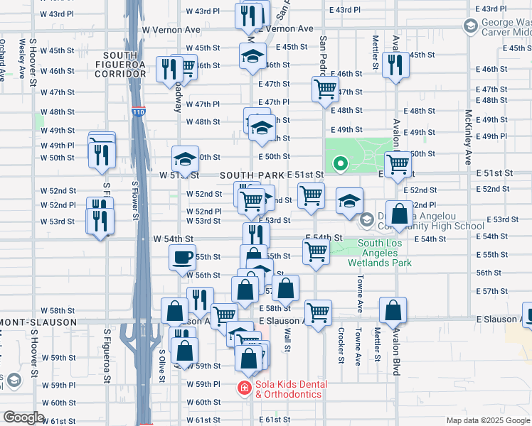 map of restaurants, bars, coffee shops, grocery stores, and more near 129 East 53rd Street in Los Angeles