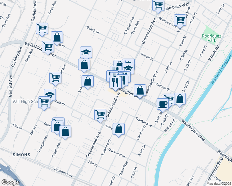 map of restaurants, bars, coffee shops, grocery stores, and more near 1115 East Washington Boulevard in Montebello