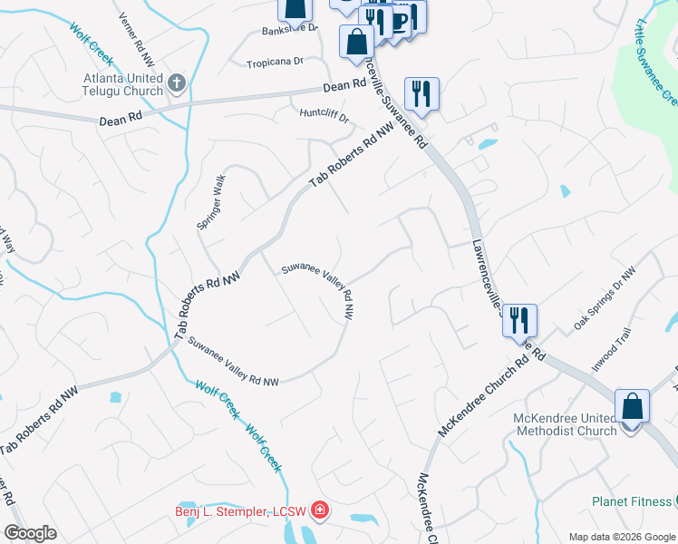 map of restaurants, bars, coffee shops, grocery stores, and more near 1915 Suwanee Valley Road Northwest in Lawrenceville