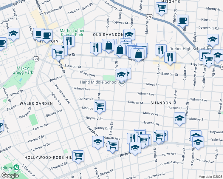 map of restaurants, bars, coffee shops, grocery stores, and more near 403 King Street in Columbia