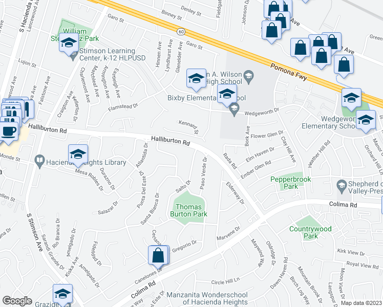 map of restaurants, bars, coffee shops, grocery stores, and more near 1911 Salto Drive in Hacienda Heights