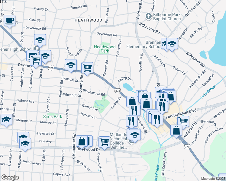map of restaurants, bars, coffee shops, grocery stores, and more near 606 Poinsettia Street in Columbia